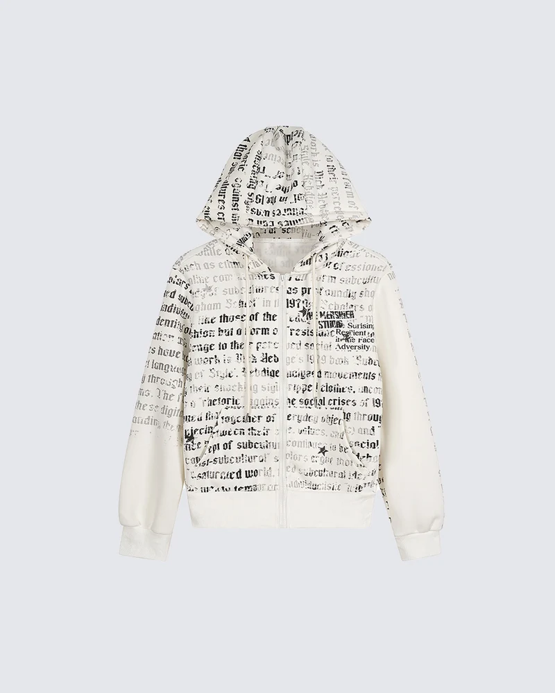 KIIKIO Vintage Gothic Text Print Zip-Up Hoodie
