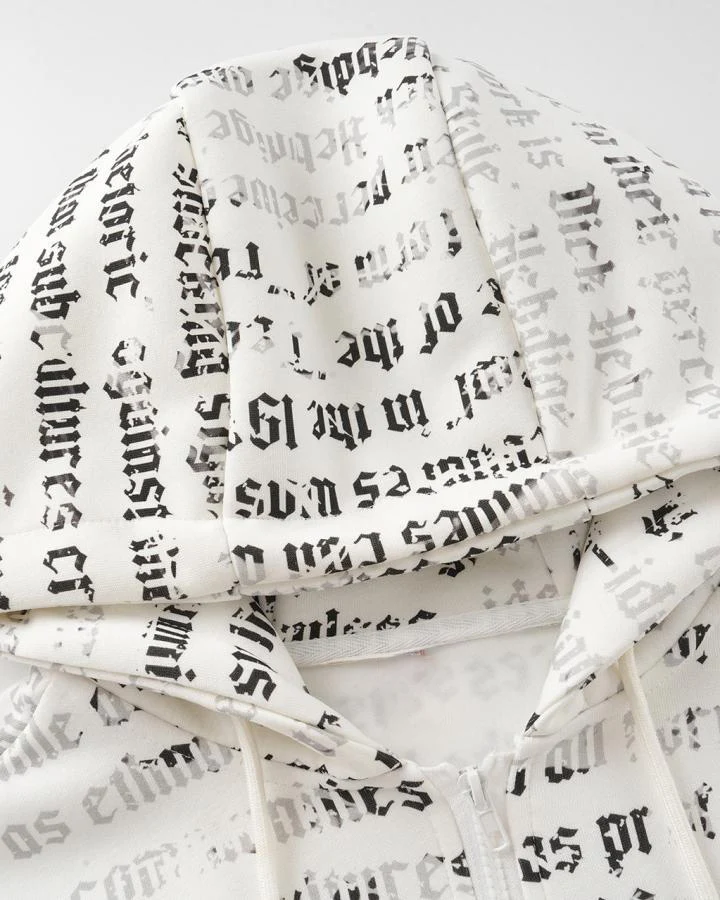 KIIKIO Vintage Gothic Text Print Zip-Up Hoodie