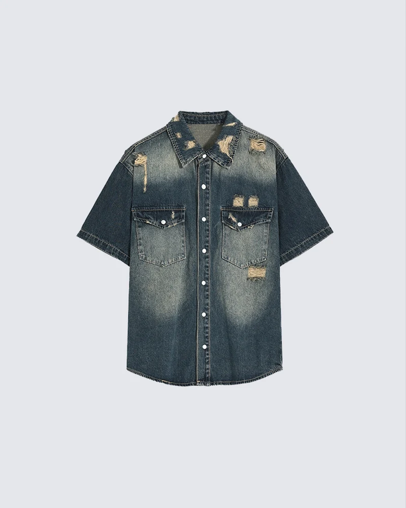 KIIKIO Vintage Distressed Washed Denim Shirt