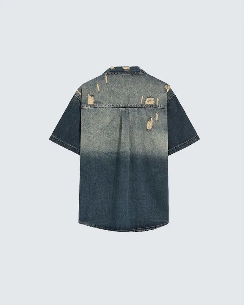 KIIKIO Vintage Distressed Washed Denim Shirt