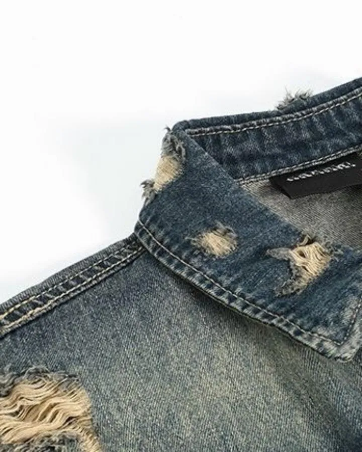 KIIKIO Vintage Distressed Washed Denim Shirt