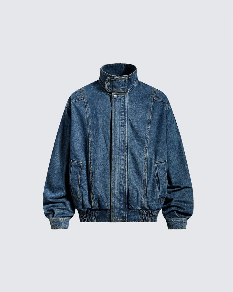 KIIKIO Vintage Washed Denim Stand Collar Jacket