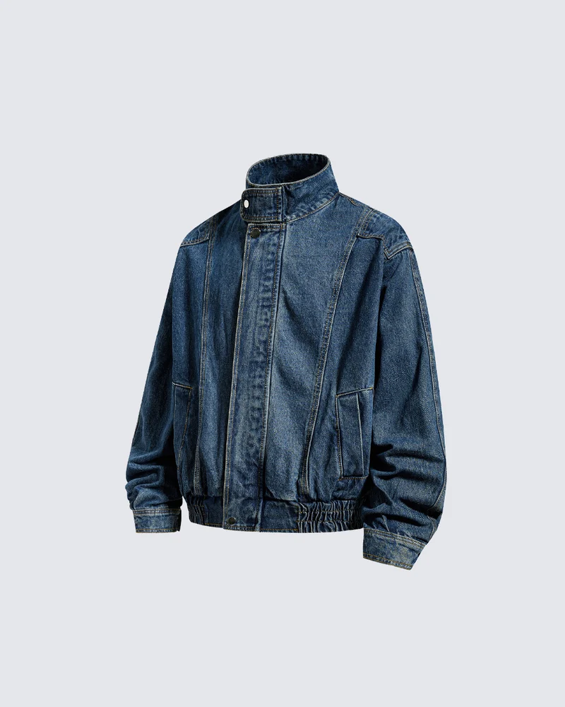 KIIKIO Vintage Washed Denim Stand Collar Jacket