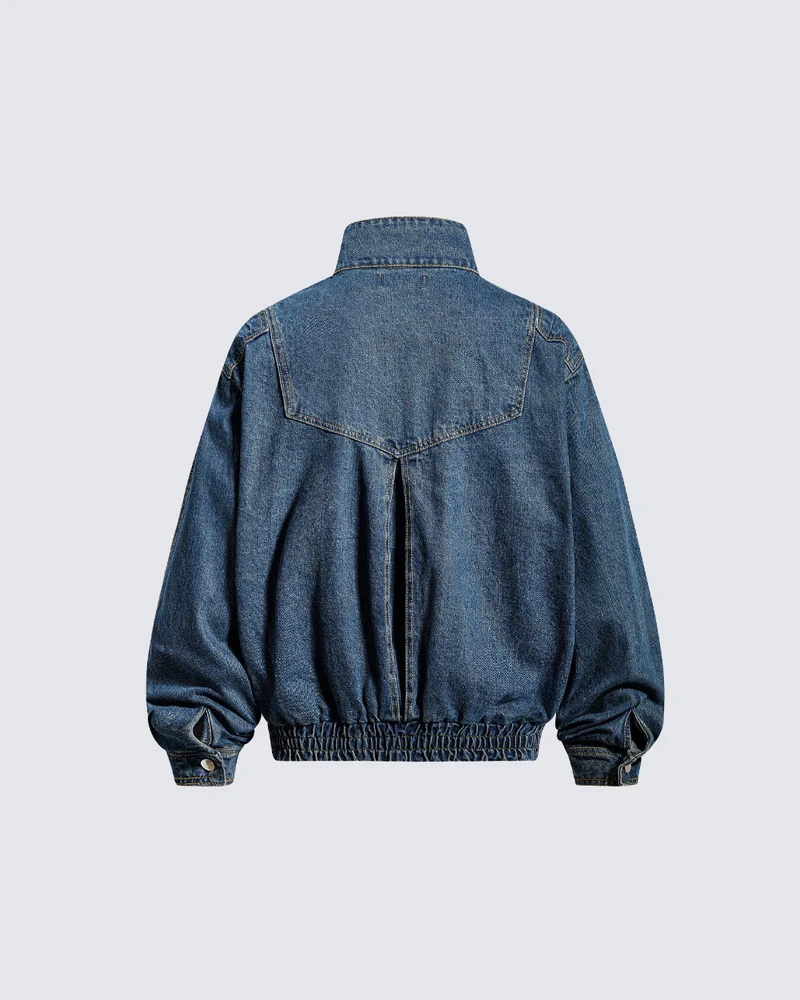 KIIKIO Vintage Washed Denim Stand Collar Jacket