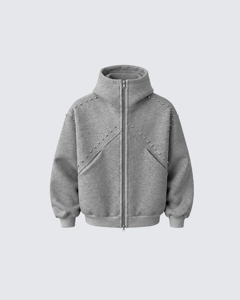 KIIKIO Vintage Minimalist Studded Zip-Up Hoodie