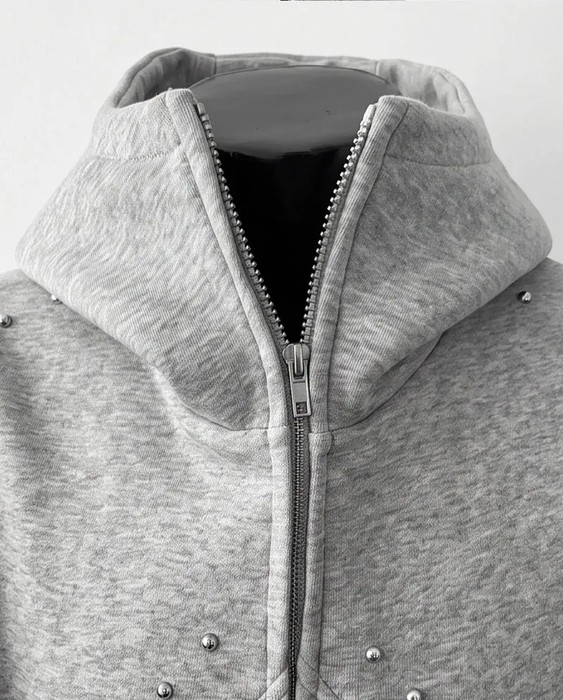 KIIKIO Vintage Minimalist Studded Zip-Up Hoodie