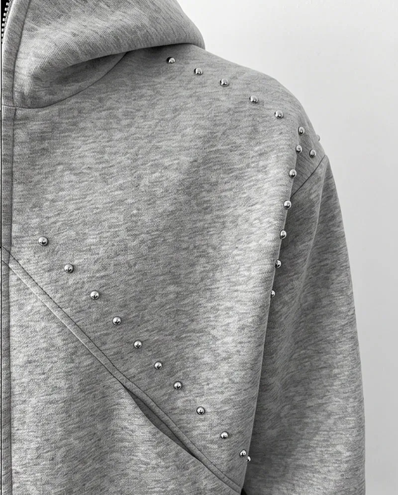 KIIKIO Vintage Minimalist Studded Zip-Up Hoodie