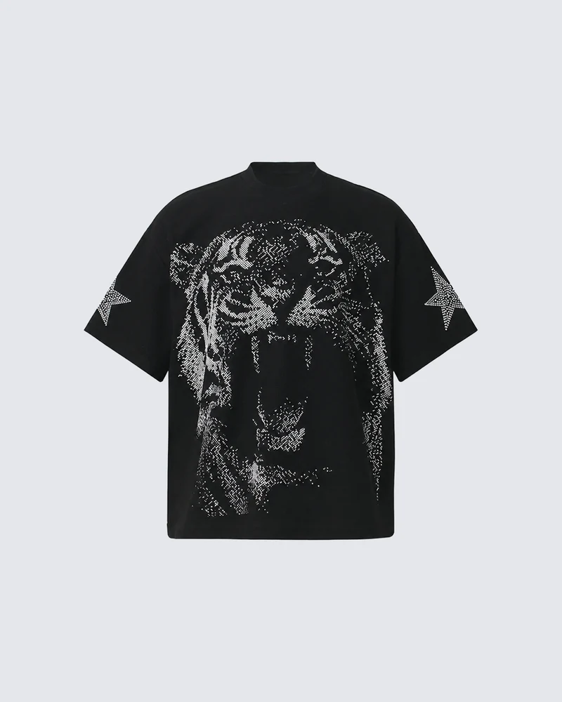 KIIKIO Dark Rhinestone Tiger Graphic Oversized Tee