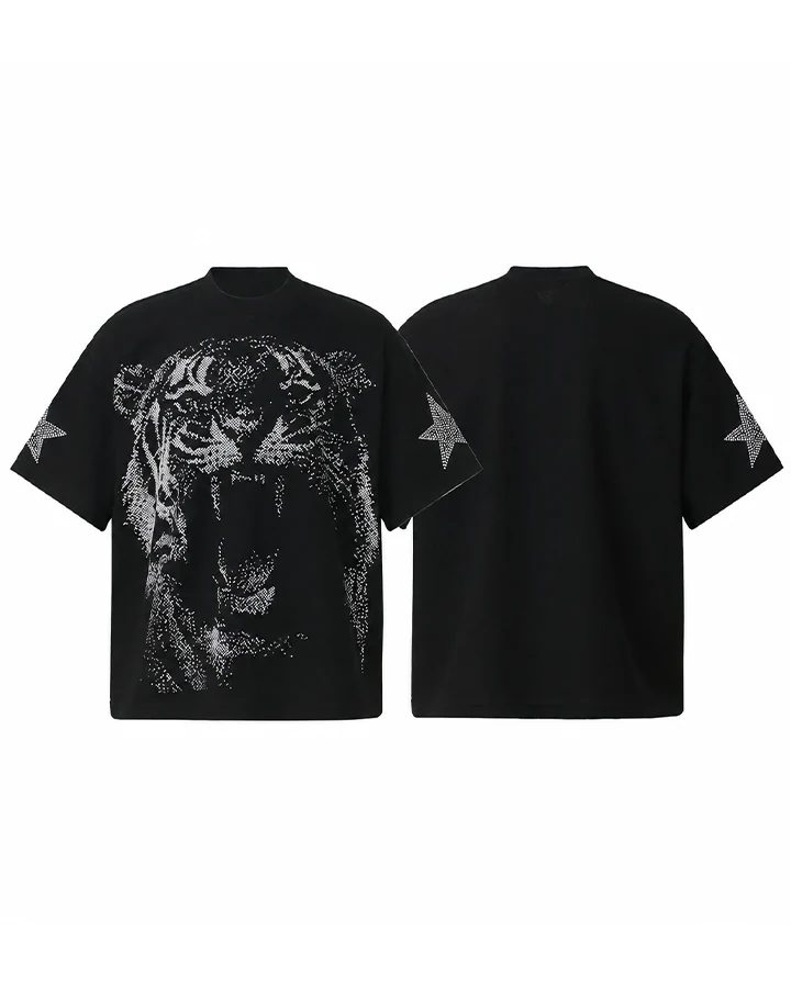 KIIKIO Dark Rhinestone Tiger Graphic Oversized Tee