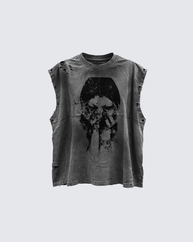 KIIKIO Vintage Distressed Graphic Print Sleeveless T-Shirt