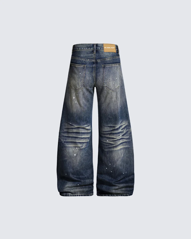 KIIKIO American-Style Washed Wide Leg Denim Jeans