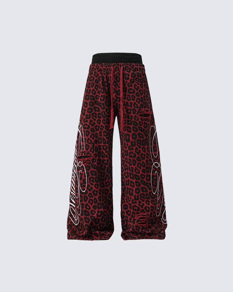 KIIKIO Vintage Leopard Pattern Wide Leg Sweatpants