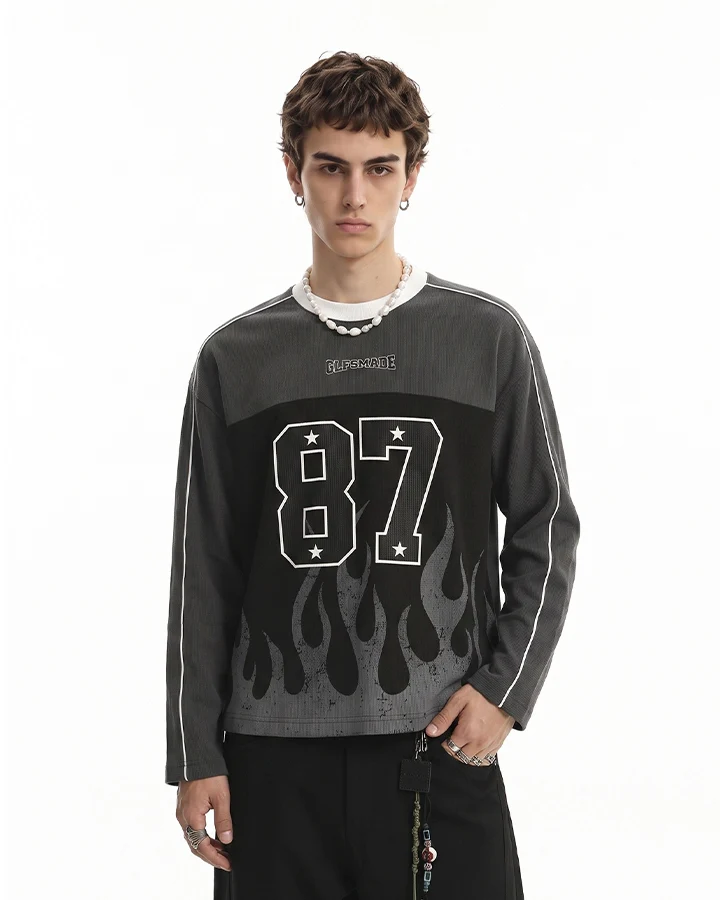 KIIKIO Flame Graphic Contrast Oversized Long Sleeve Tee