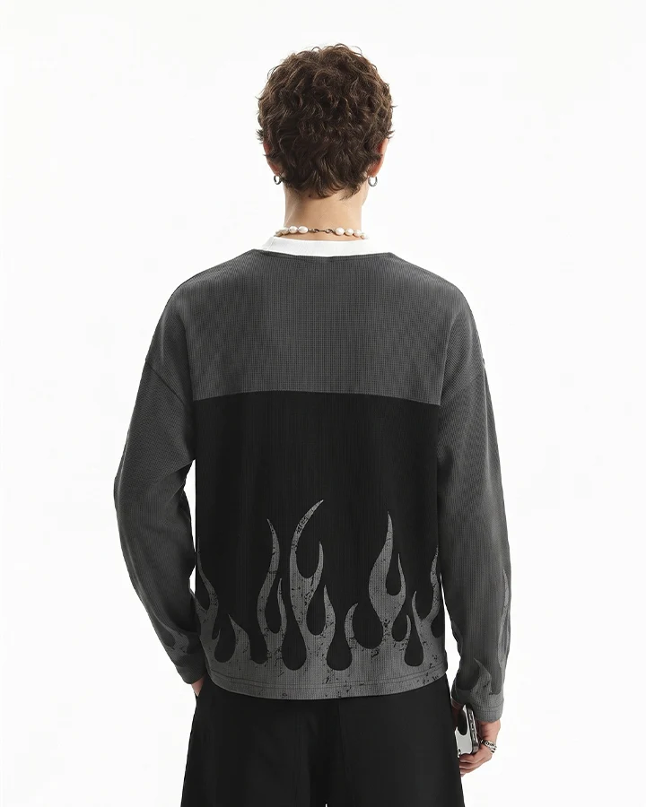 KIIKIO Flame Graphic Contrast Oversized Long Sleeve Tee
