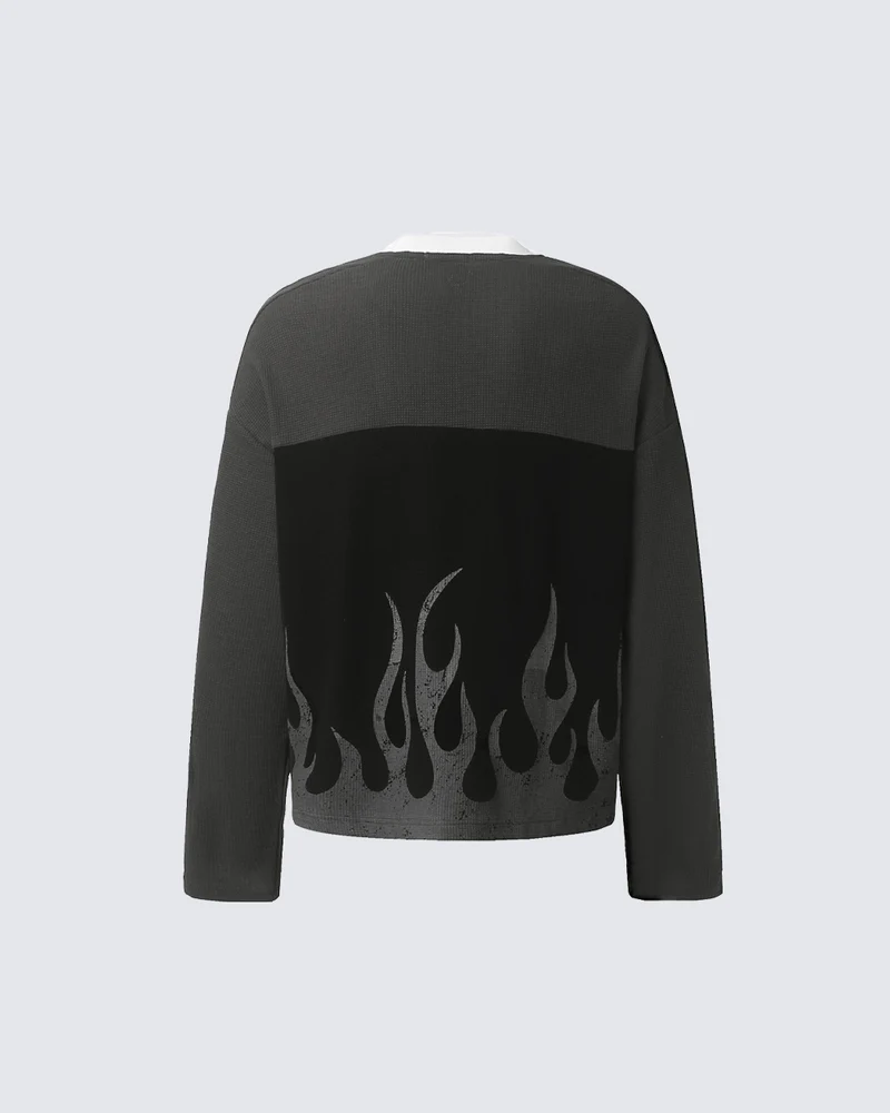 KIIKIO Flame Graphic Contrast Oversized Long Sleeve Tee