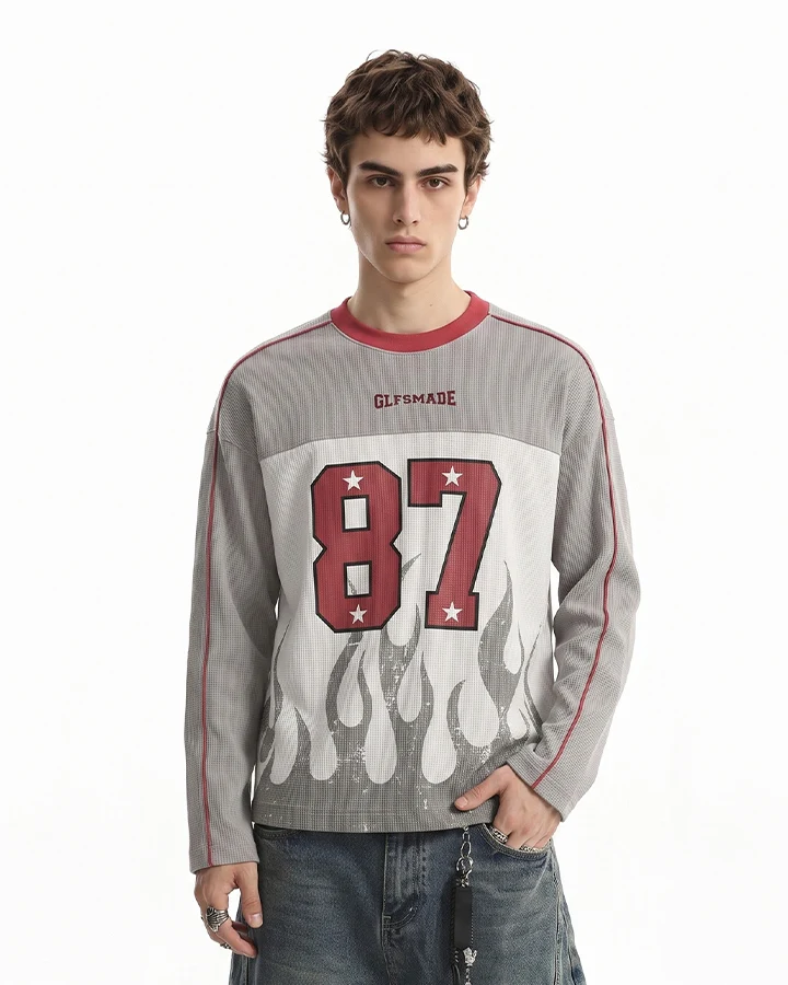 KIIKIO Flame Graphic Contrast Oversized Long Sleeve Tee