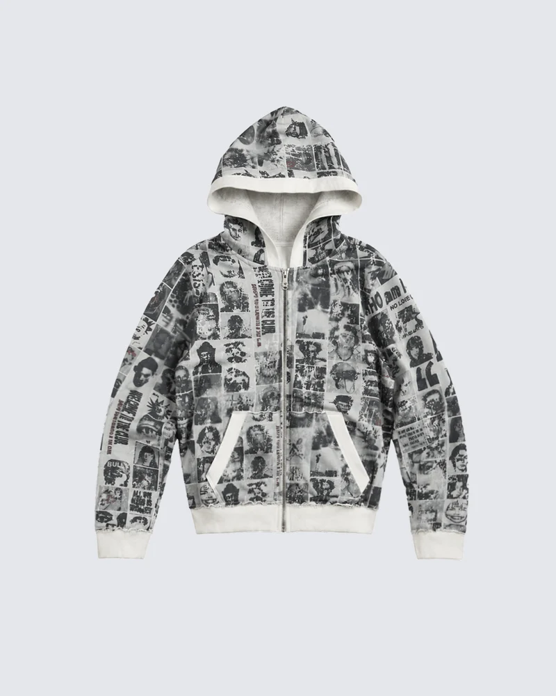 KIIKIO Vintage Graphic Collage Zip-Up Hoodie