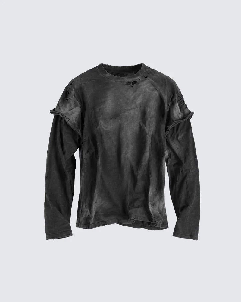 KIIKIO Vintage Distressed Washed Long Sleeve T-Shirt