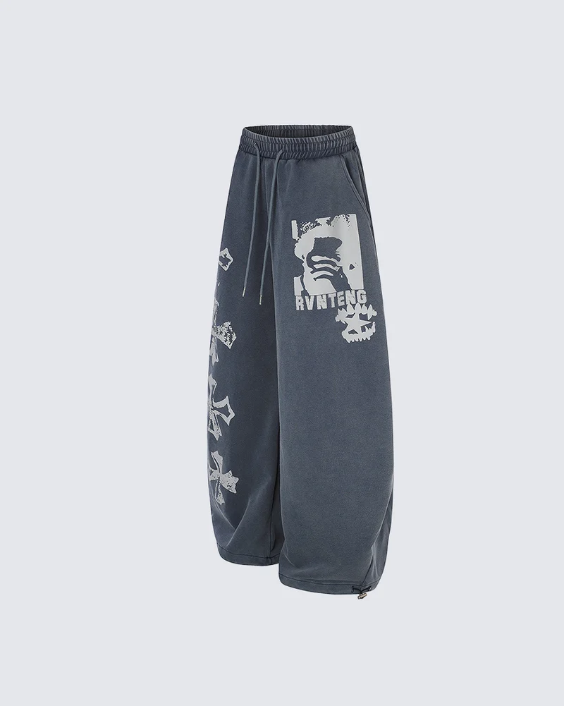 KIIKIO Washed Gothic Cross Graphic Wide Leg Sweatpants