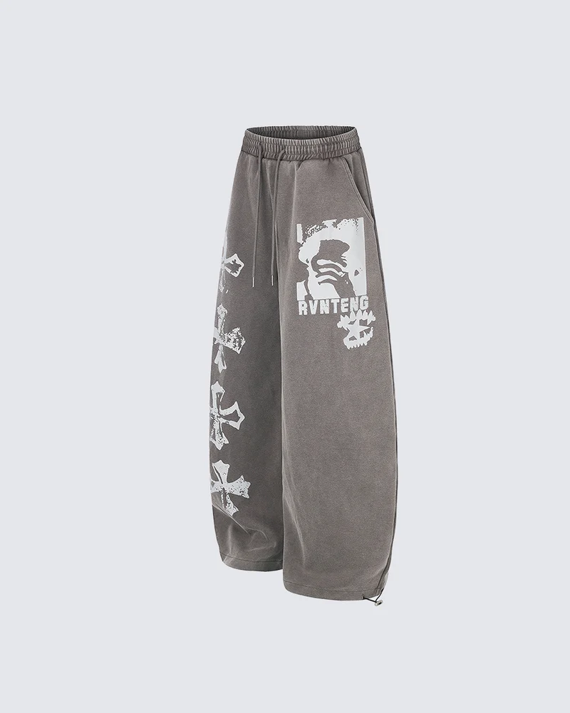 KIIKIO Washed Gothic Cross Graphic Wide Leg Sweatpants