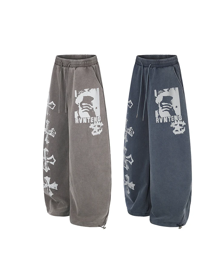 KIIKIO Washed Gothic Cross Graphic Wide Leg Sweatpants