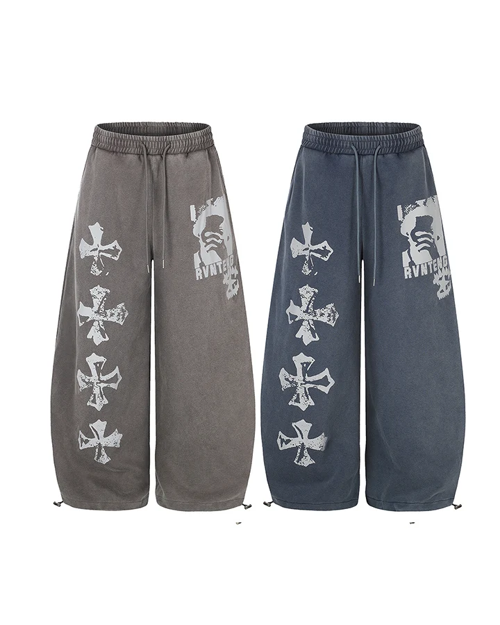 KIIKIO Washed Gothic Cross Graphic Wide Leg Sweatpants