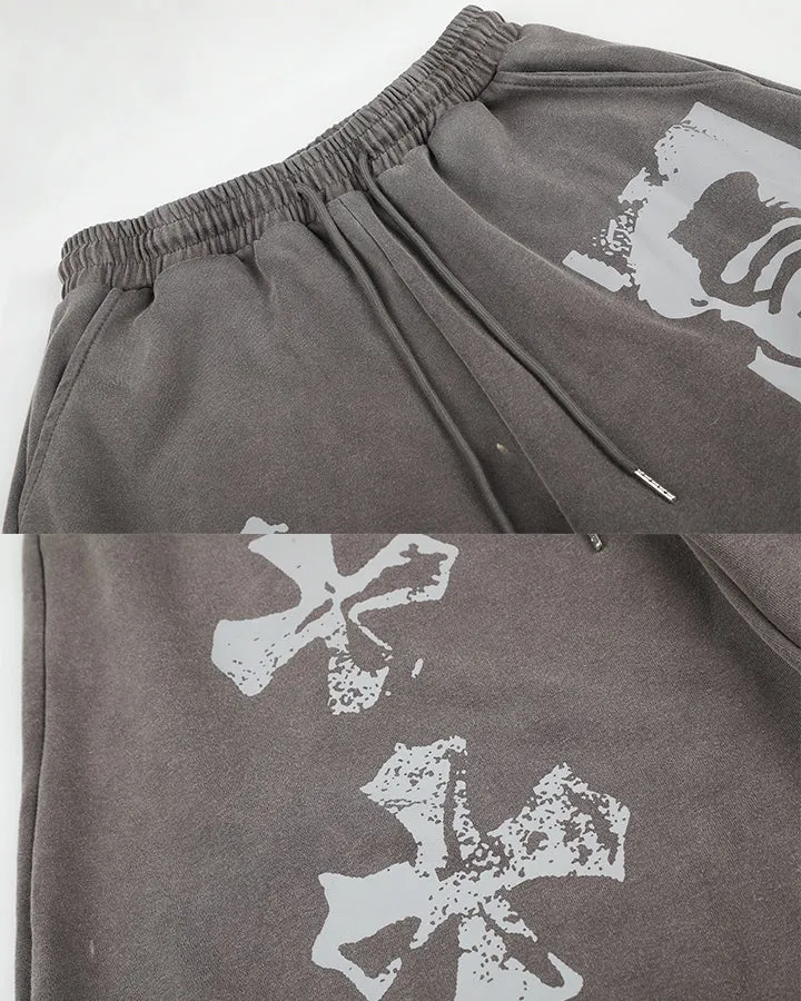 KIIKIO Washed Gothic Cross Graphic Wide Leg Sweatpants