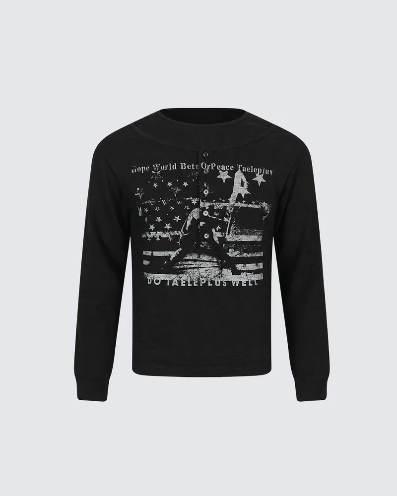 KIIKIO Dark Vintage Distressed Graphic Long Sleeve Tee