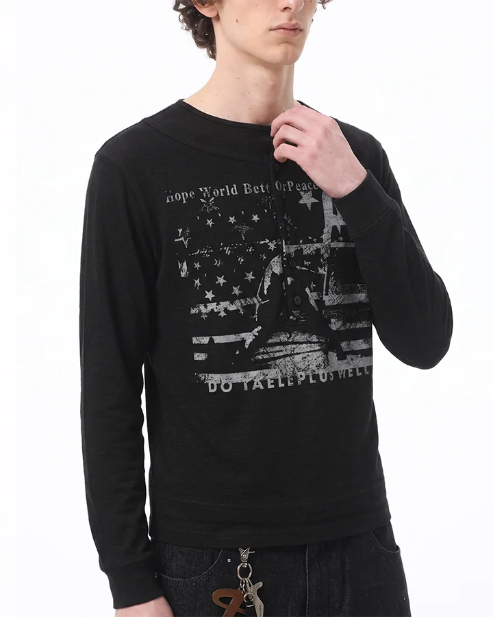 KIIKIO Dark Vintage Distressed Graphic Long Sleeve Tee