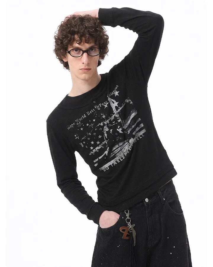 KIIKIO Dark Vintage Distressed Graphic Long Sleeve Tee