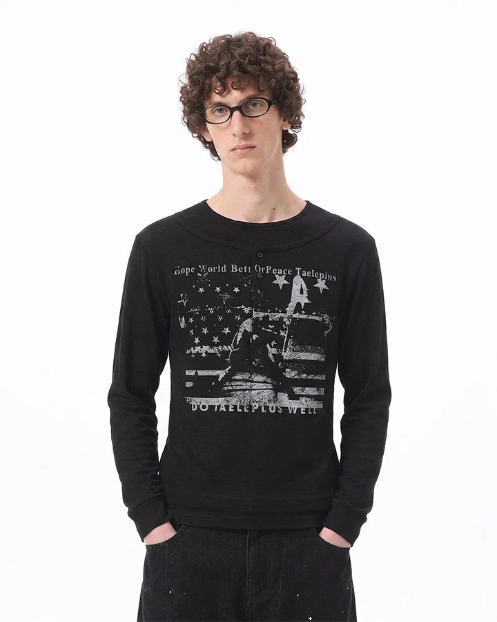 KIIKIO Dark Vintage Distressed Graphic Long Sleeve Tee