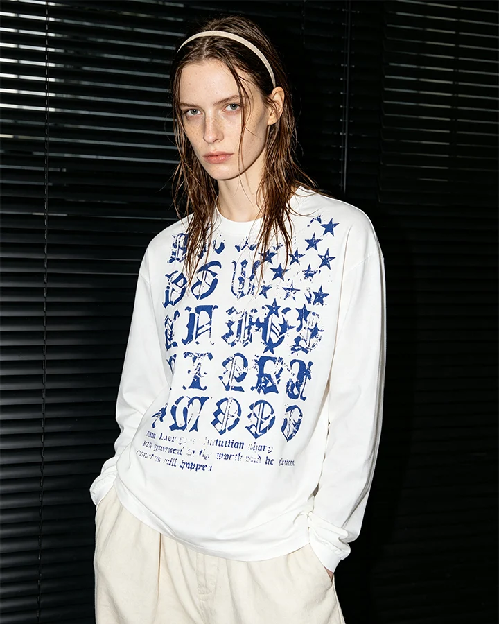 KIIKIO Dark Gothic Distressed Letter Graphic Long Sleeve Tee