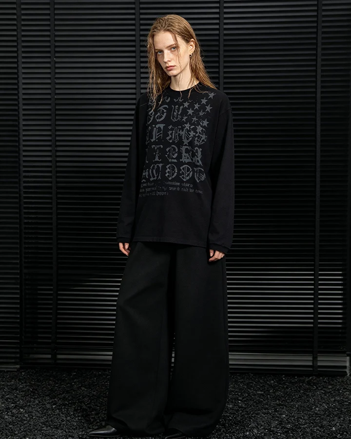KIIKIO Dark Gothic Distressed Letter Graphic Long Sleeve Tee