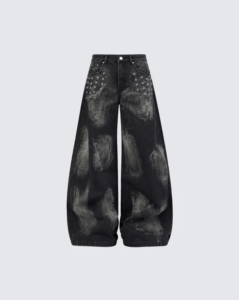 KIIKIO American-Style Tie-Dye Washed Rivet Wide Leg Jeans