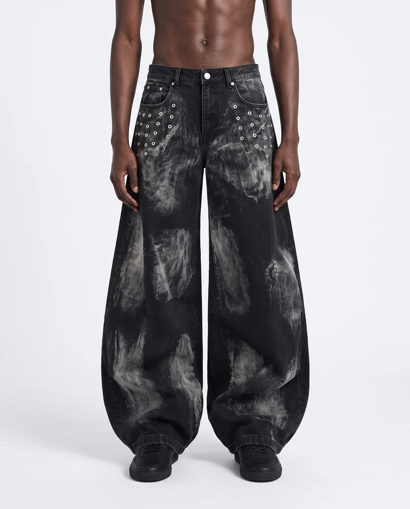 KIIKIO American-Style Tie-Dye Washed Rivet Wide Leg Jeans