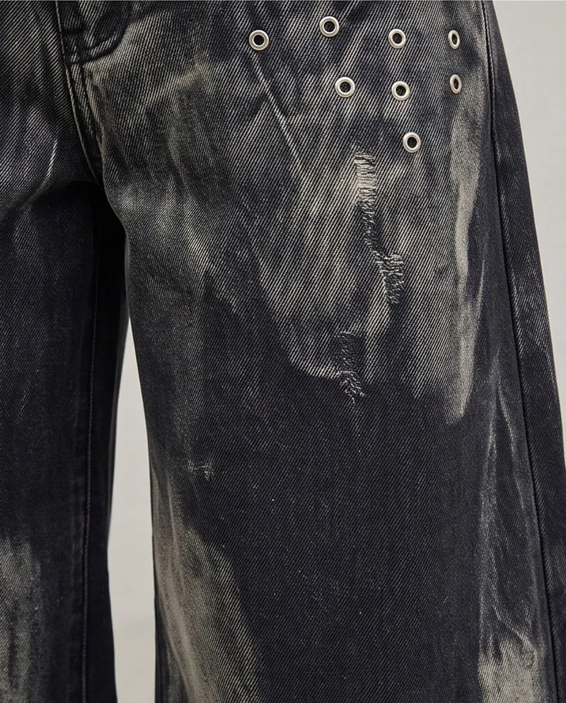 KIIKIO American-Style Tie-Dye Washed Rivet Wide Leg Jeans