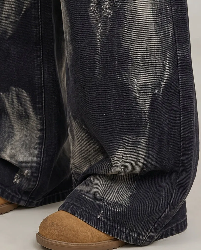 KIIKIO American-Style Tie-Dye Washed Rivet Wide Leg Jeans