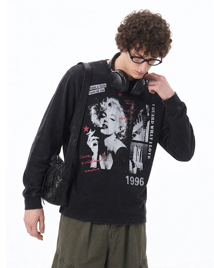 KIIKIO Vintage Portrait Graphic Washed Long Sleeve Tee