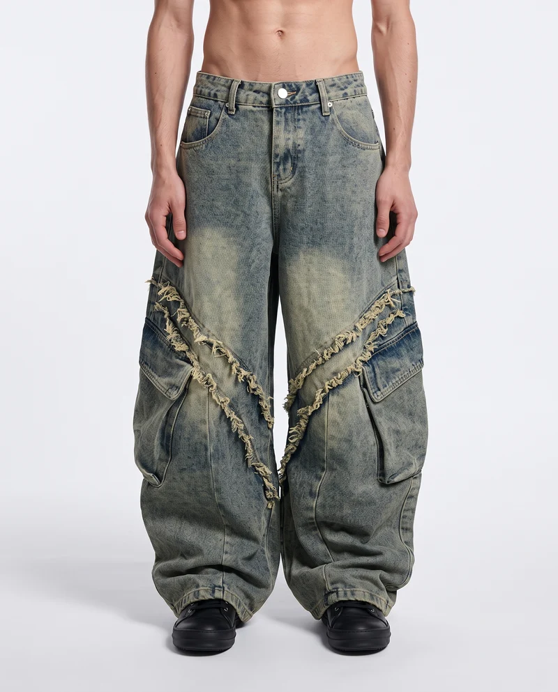 KIIKIO Vintage Distressed Wide Leg Cargo Jeans