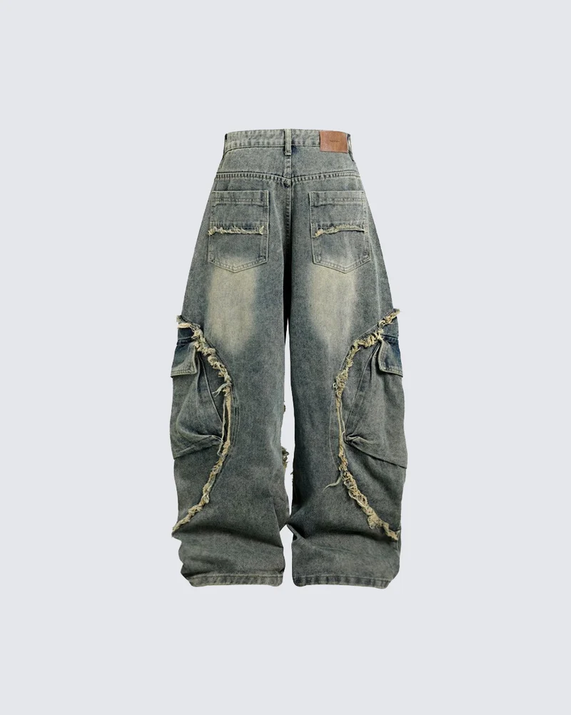KIIKIO Vintage Distressed Wide Leg Cargo Jeans