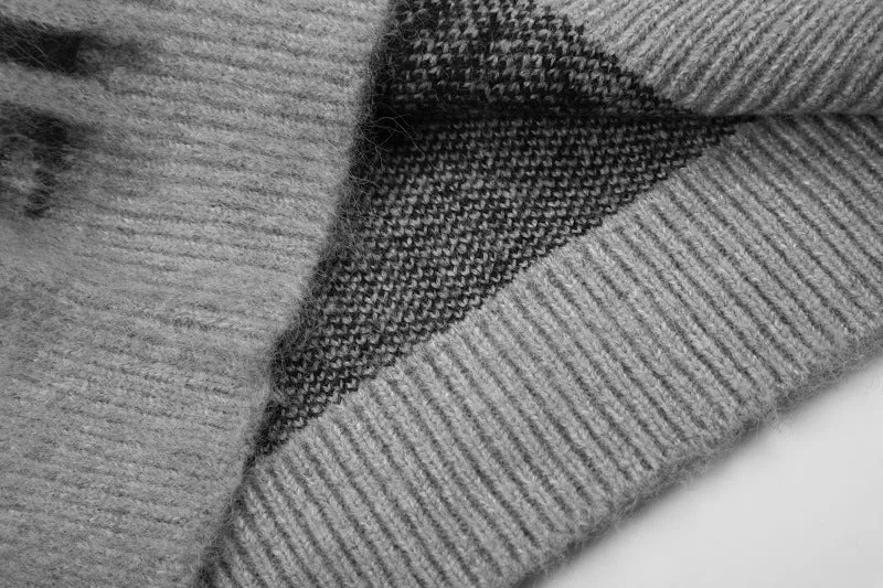 KIIKIO Vintage Shadow Graphic Zip-Up Knit Sweater