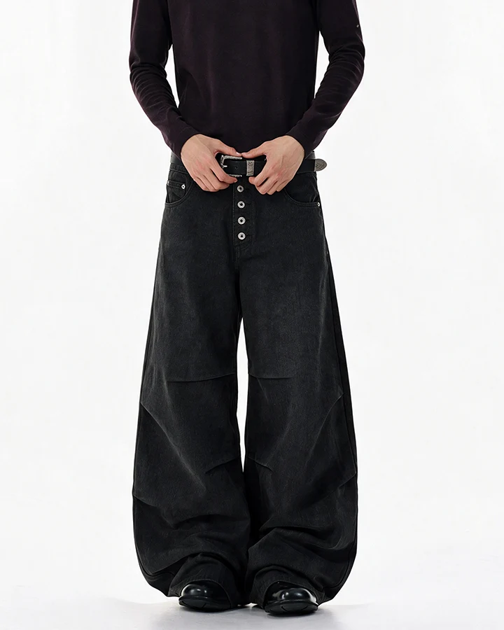 KIIKIO Washed Pleated Five Button Curved Blade Jeans