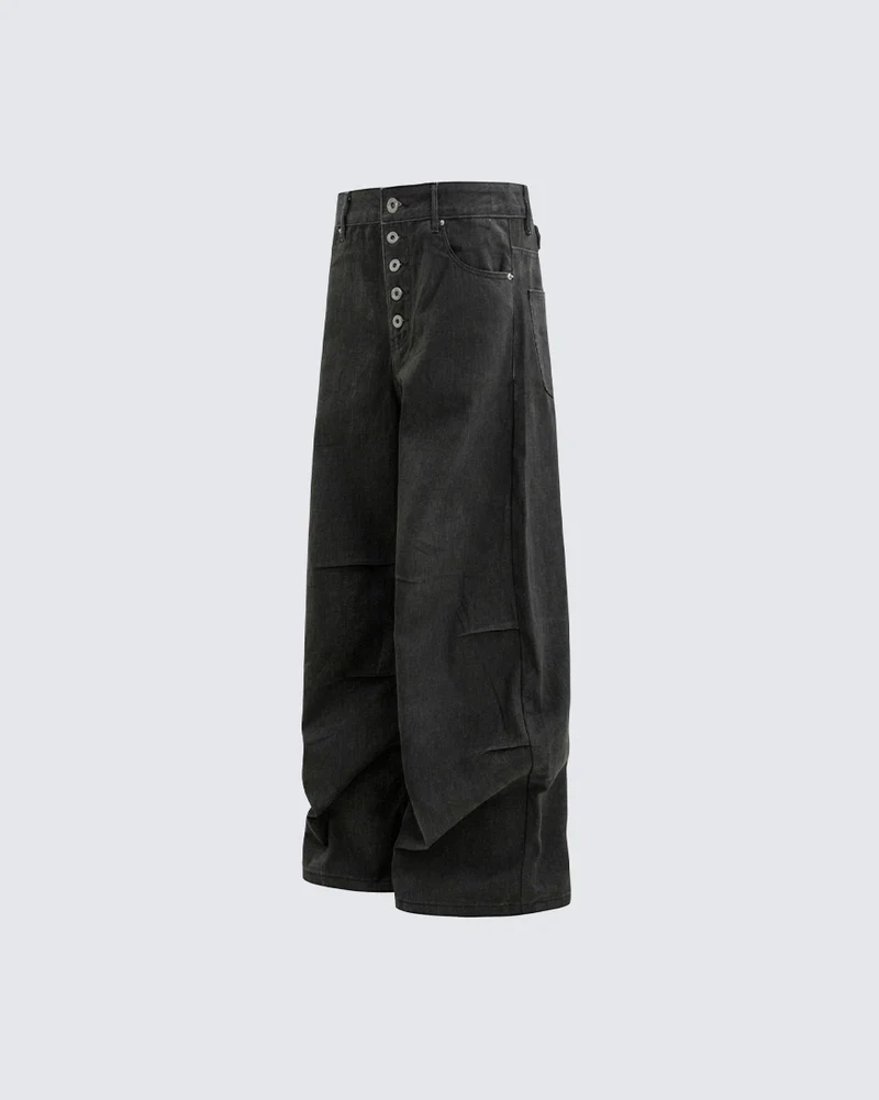 KIIKIO Washed Pleated Five Button Curved Blade Jeans