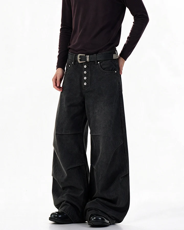 KIIKIO Washed Pleated Five Button Curved Blade Jeans