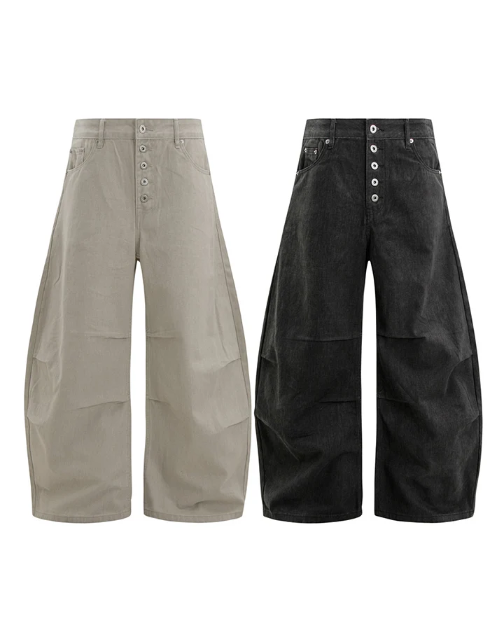 KIIKIO Washed Pleated Five Button Curved Blade Jeans