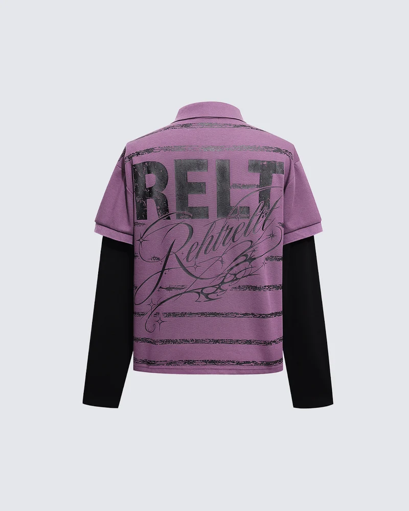 KIIKIO Street Layered Graphic Polo Long Sleeve Tee