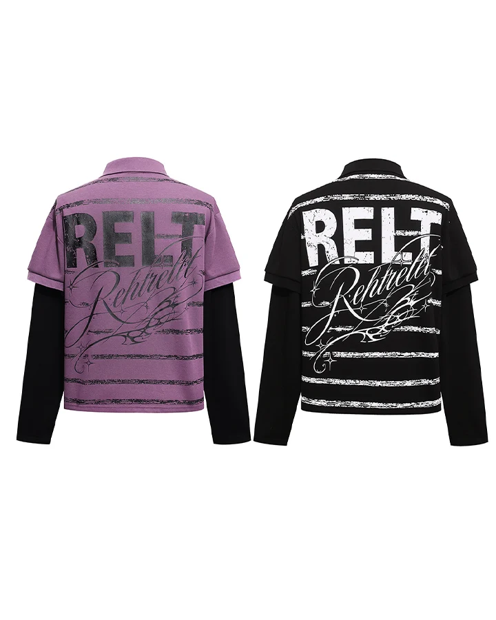 KIIKIO Street Layered Graphic Polo Long Sleeve Tee