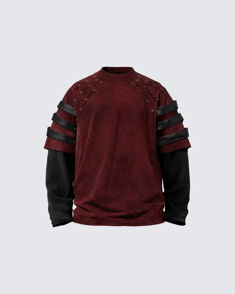 KIIKIO Dark Gothic Leather Strap Layered Sweatshirt