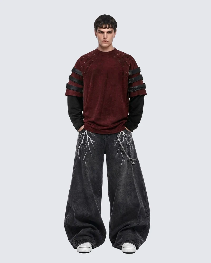 KIIKIO Dark Gothic Leather Strap Layered Sweatshirt