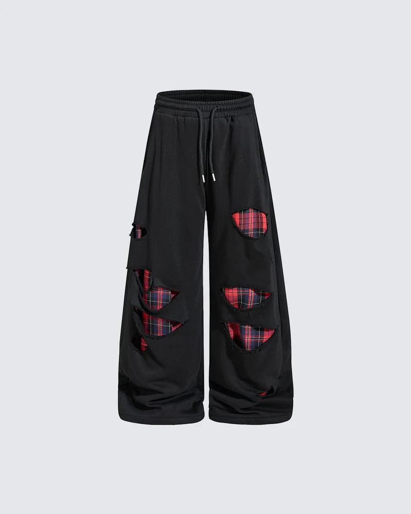 KIIKIO Dark Patchwork Curved Blade Wide Leg Sweatpants